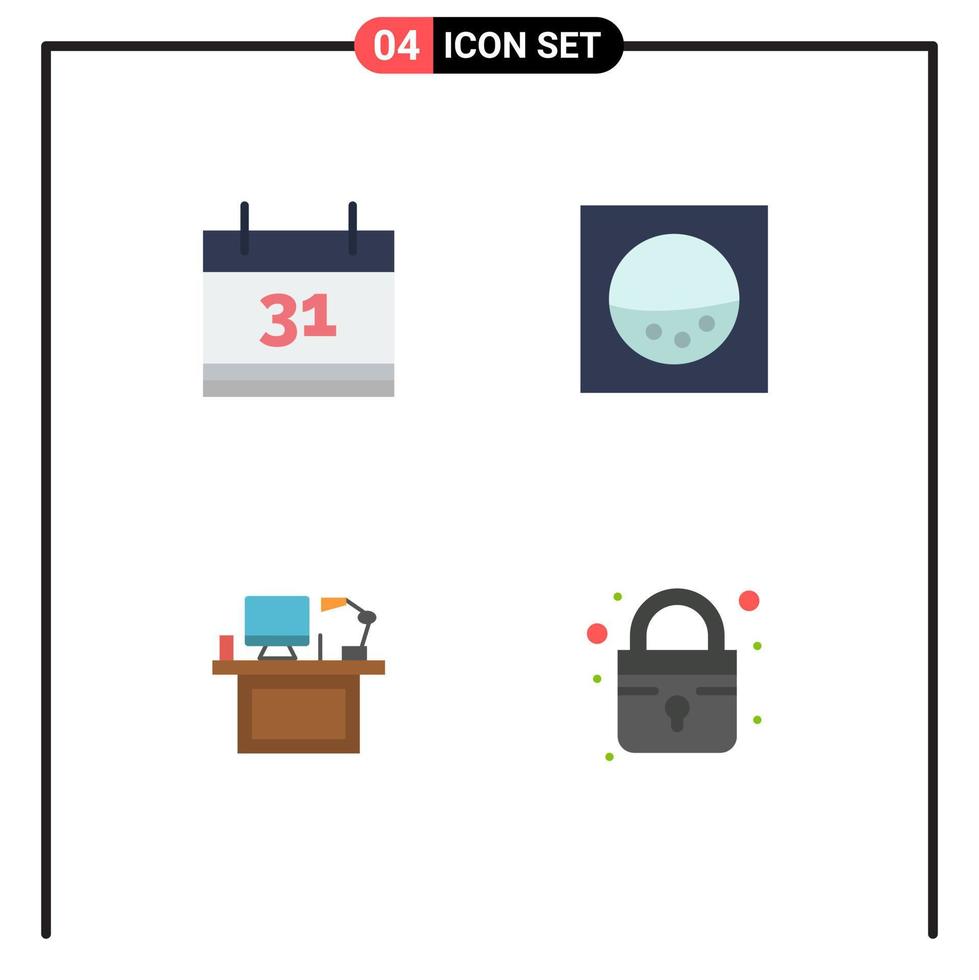 conjunto moderno de 4 iconos planos pictograma de elementos de diseño vectorial editables de mesa de escritorio de máquina de oficina de calendario vector