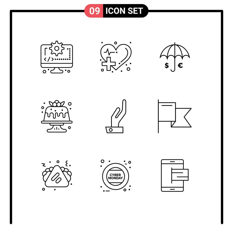 Group of 9 Modern Outlines Set for food cake heart bakery euro Editable Vector Design Elements