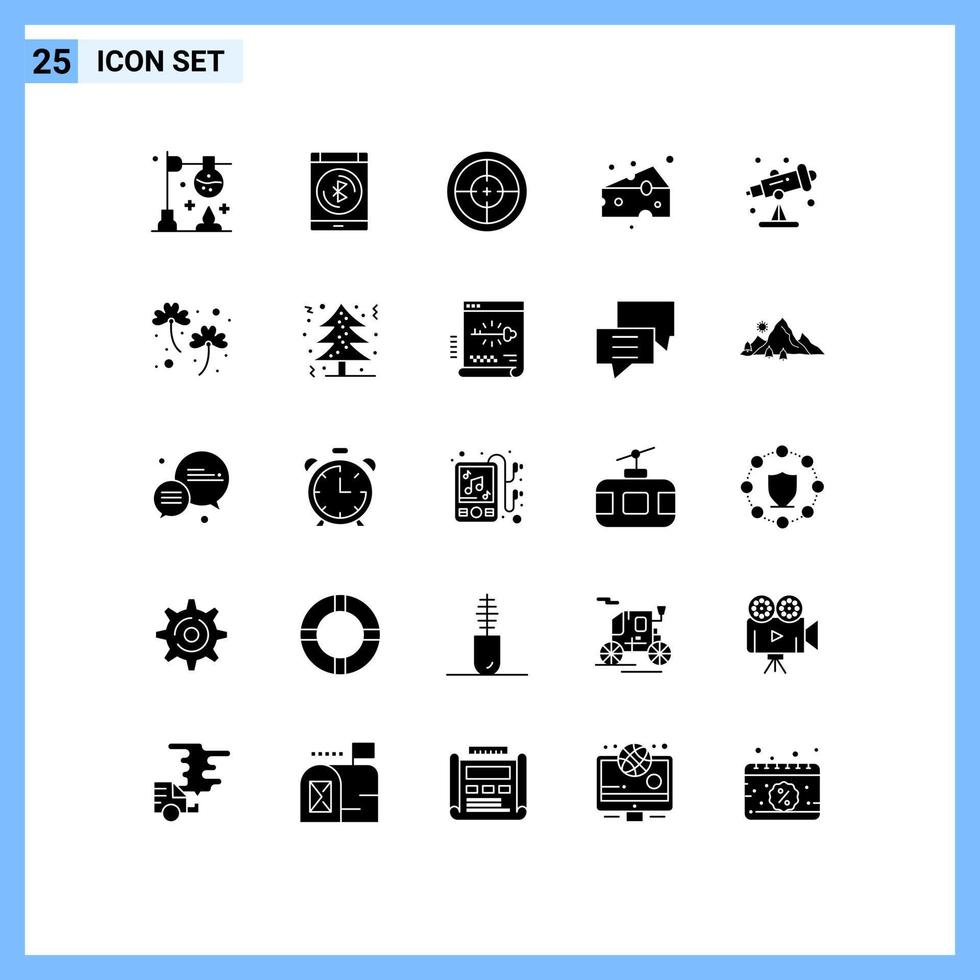 Mobile Interface Solid Glyph Set of 25 Pictograms of astronomy food army cheeses target Editable Vector Design Elements