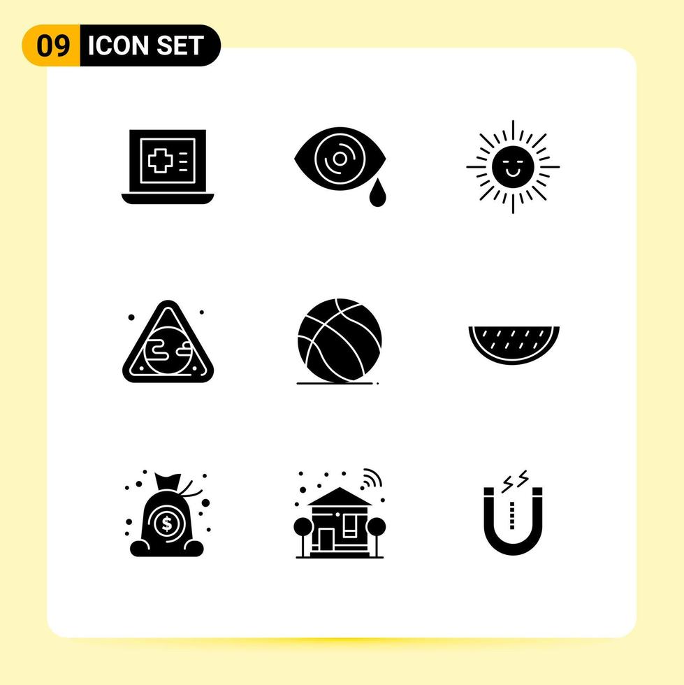 Group of 9 Modern Solid Glyphs Set for fruits american sun ball waste Editable Vector Design Elements