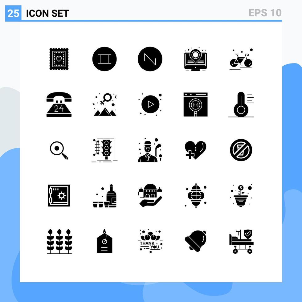 grupo de 25 signos y símbolos de glifos sólidos para elementos de diseño de vectores editables de ciclo de sonido de ciclismo de carrera