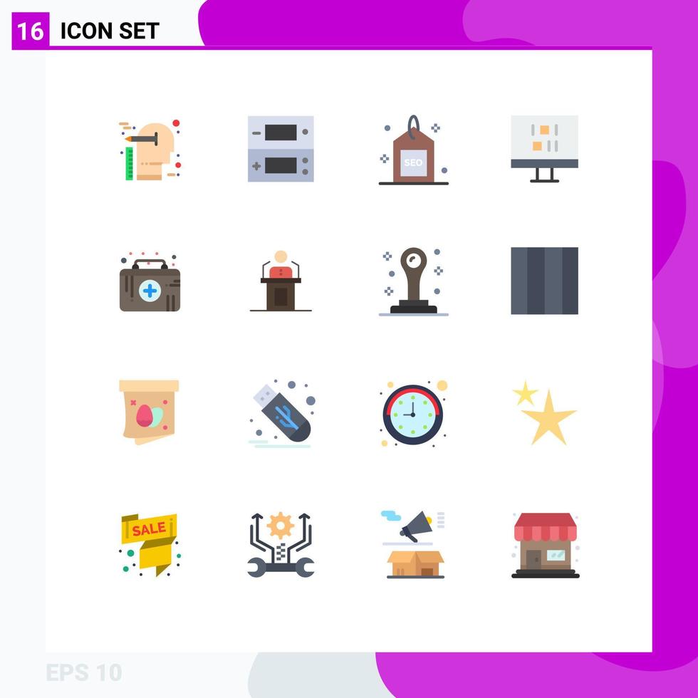 16 Creative Icons Modern Signs and Symbols of first aid kit data video computer search Editable Pack of Creative Vector Design Elements