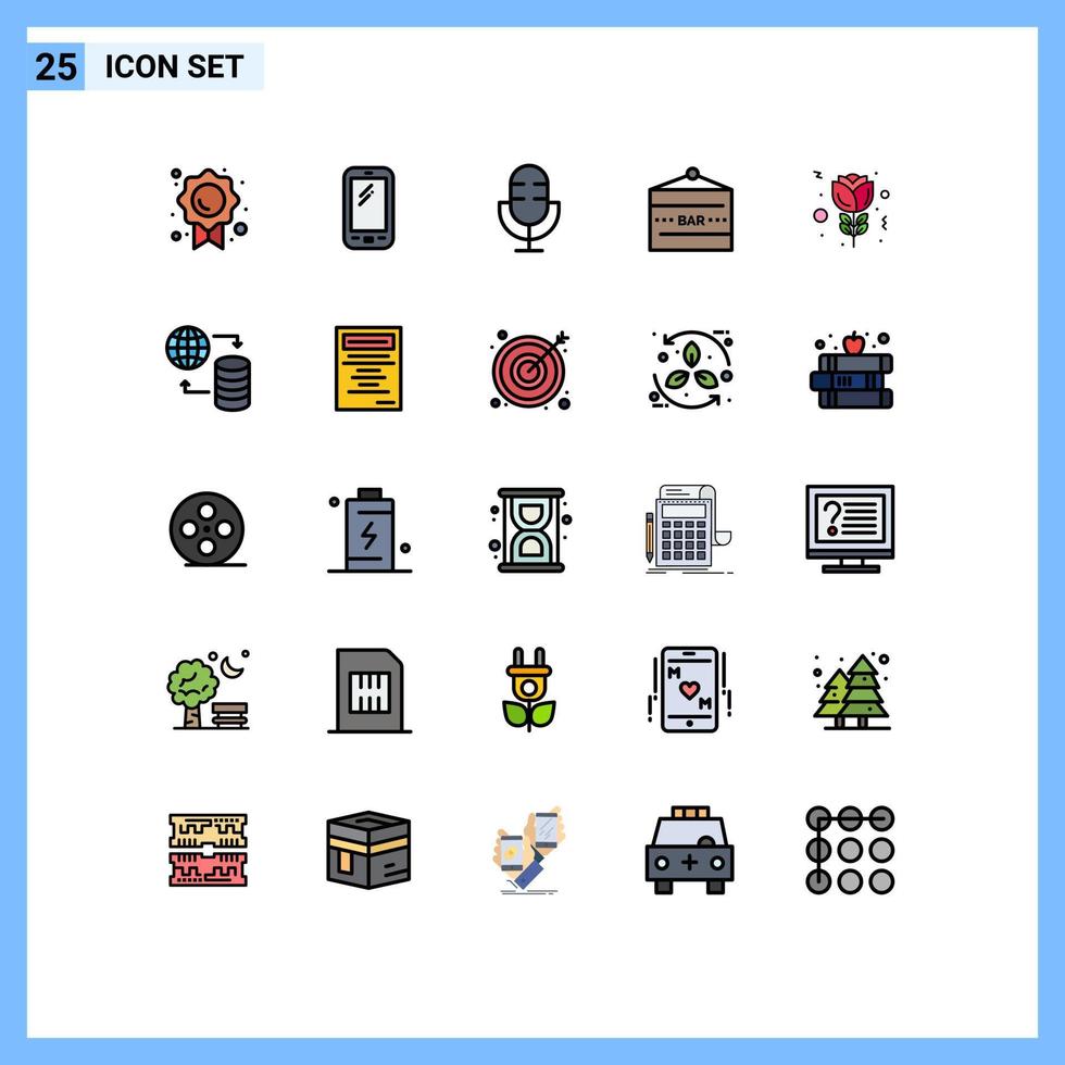 paquete de 25 modernos signos y símbolos de colores planos de línea rellena para medios de impresión web, como el signo de la barra de entretenimiento, los productos de la barra samsung, los elementos de diseño vectorial editables vector