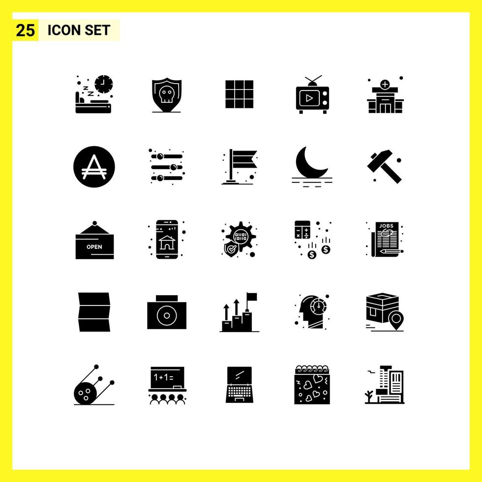 Mobile Interface Solid Glyph Set of 25 Pictograms of clinic play plain television sets Editable Vector Design Elements