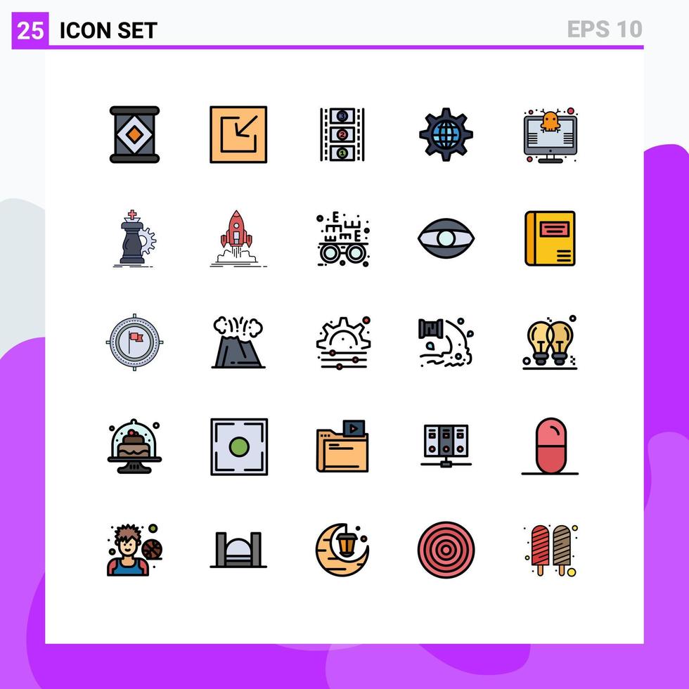 25 Thematic Vector Filled line Flat Colors and Editable Symbols of security safety movie reel protection gear Editable Vector Design Elements
