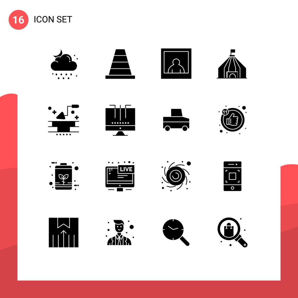 16 Thematic Vector Solid Glyphs and Editable Symbols of connections trowel photo building circus Editable Vector Design Elements