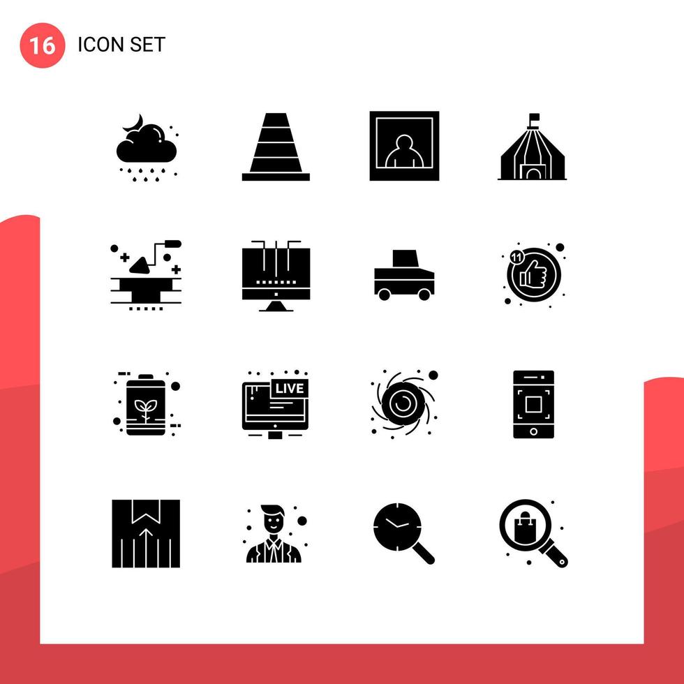 16 glifos sólidos vectoriales temáticos y símbolos editables de conexiones elementos de diseño vectorial editables de construcción de fotografías de paleta de circo vector