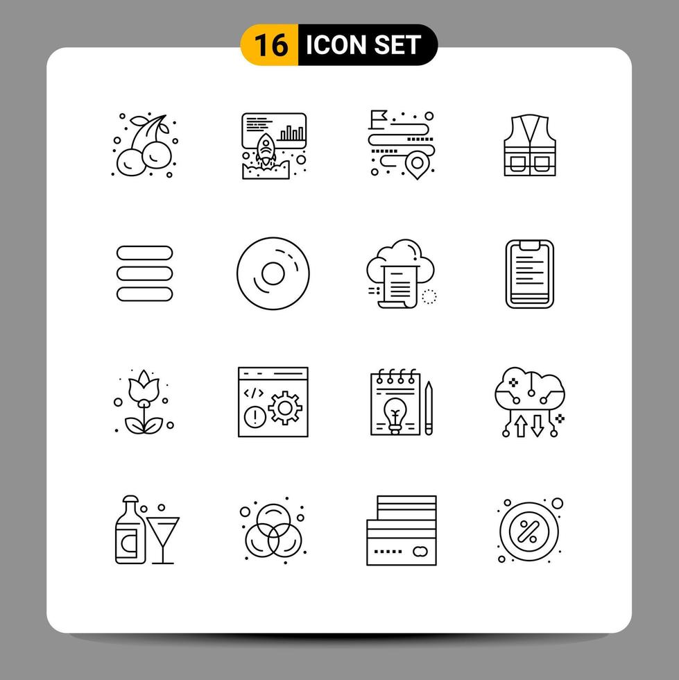 16 User Interface Outline Pack of modern Signs and Symbols of list construction distance labour vest Editable Vector Design Elements