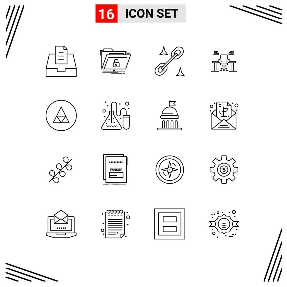 Pack of 16 Modern Outlines Signs and Symbols for Web Print Media such as work place desk clip computer business Editable Vector Design Elements