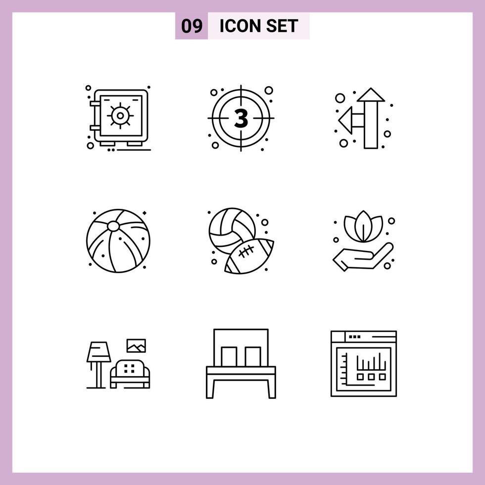 Editable Vector Line Pack of 9 Simple Outlines of hobbies football video summer ball Editable Vector Design Elements