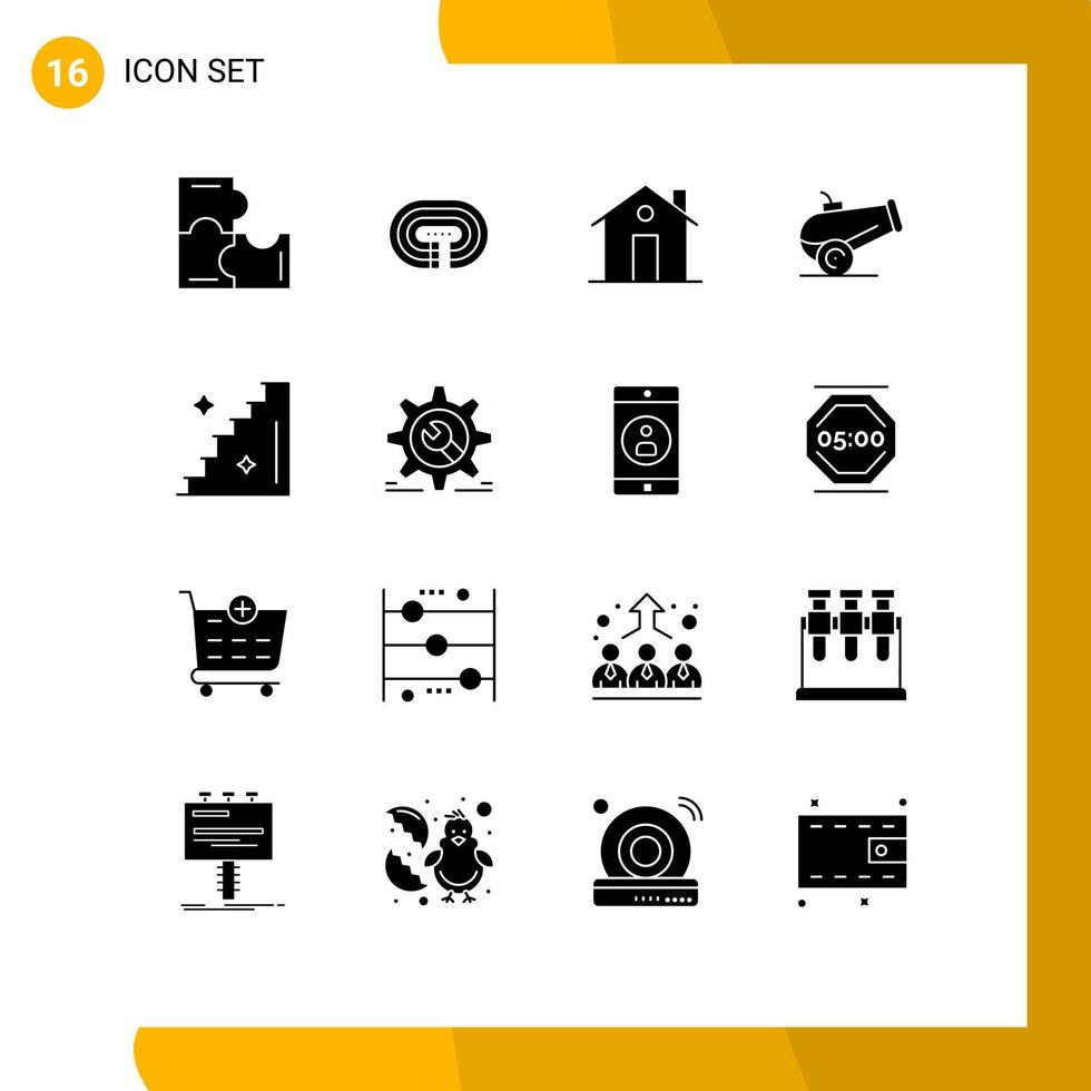 Group of 16 Solid Glyphs Signs and Symbols for stairs floor building weapon house Editable Vector Design Elements