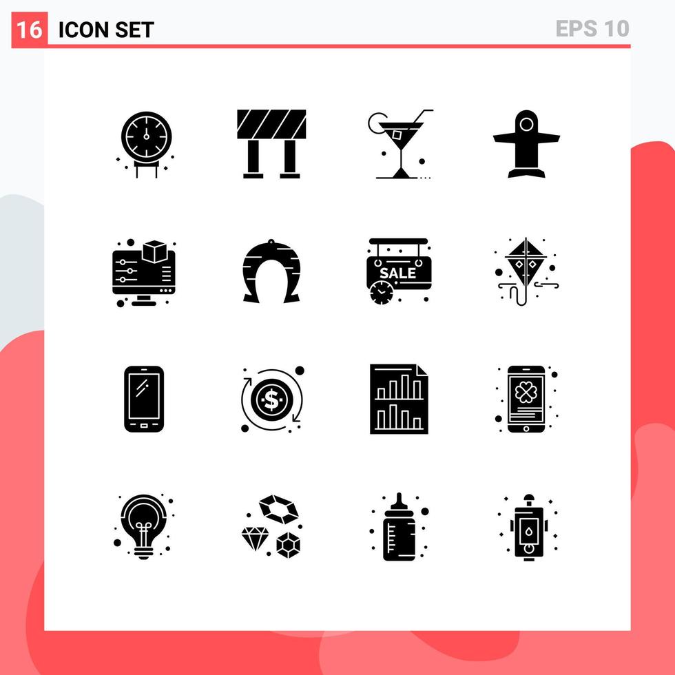 Universal Icon Symbols Group of 16 Modern Solid Glyphs of printing monitor wine display transport Editable Vector Design Elements