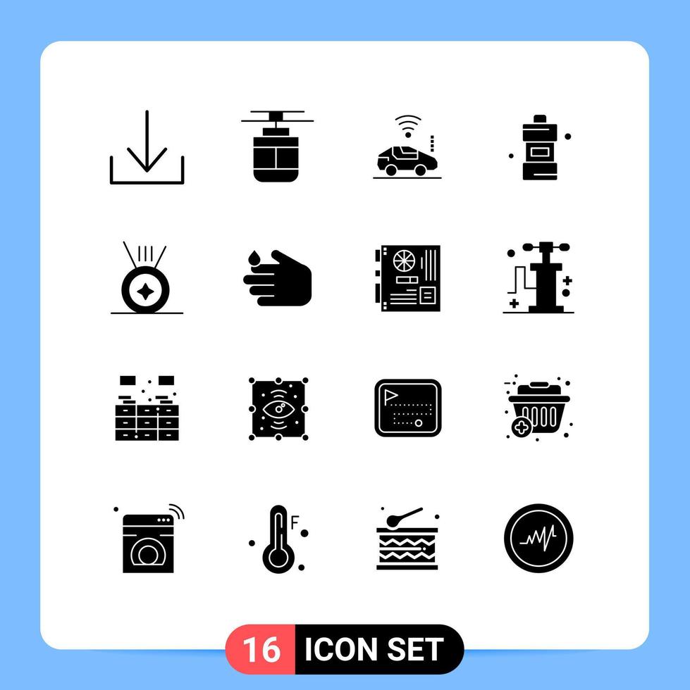 Mobile Interface Solid Glyph Set of 16 Pictograms of cleaning medal car detergent cleaner Editable Vector Design Elements