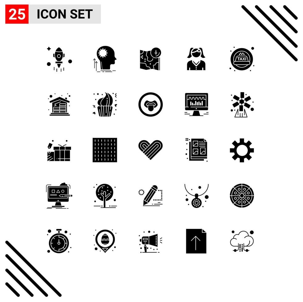 Group of 25 Modern Solid Glyphs Set for cab mother brainstorming female track Editable Vector Design Elements