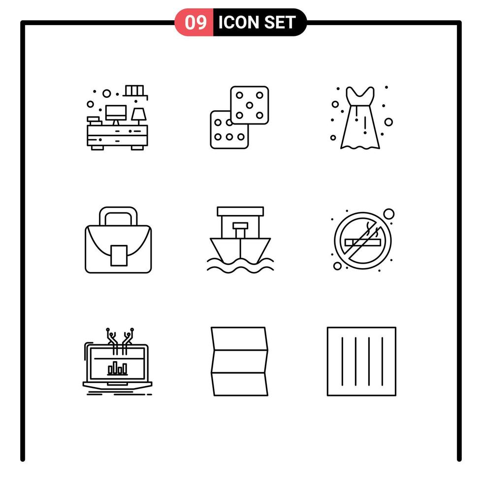 9 Thematic Vector Outlines and Editable Symbols of summer beach frock ship logistic Editable Vector Design Elements