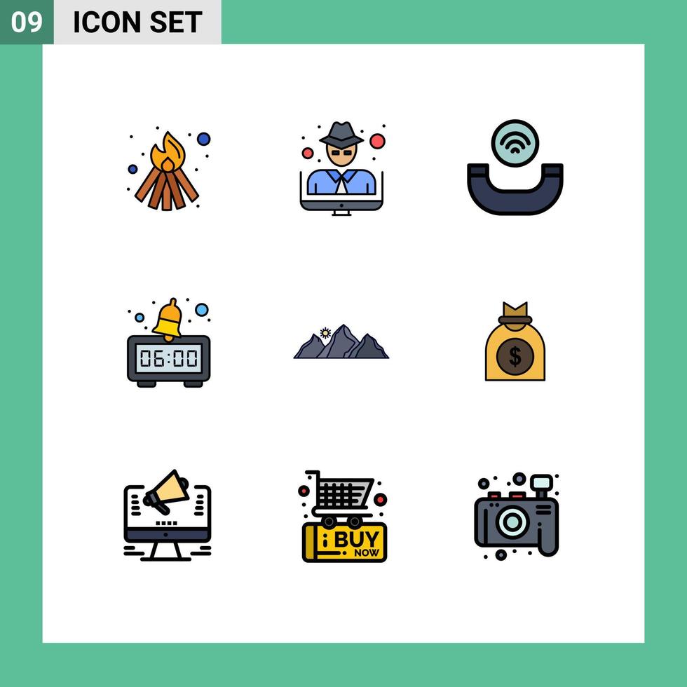 conjunto de 9 iconos de interfaz de usuario modernos símbolos signos para sol naturaleza auricular paisaje mañana elementos de diseño vectorial editables vector