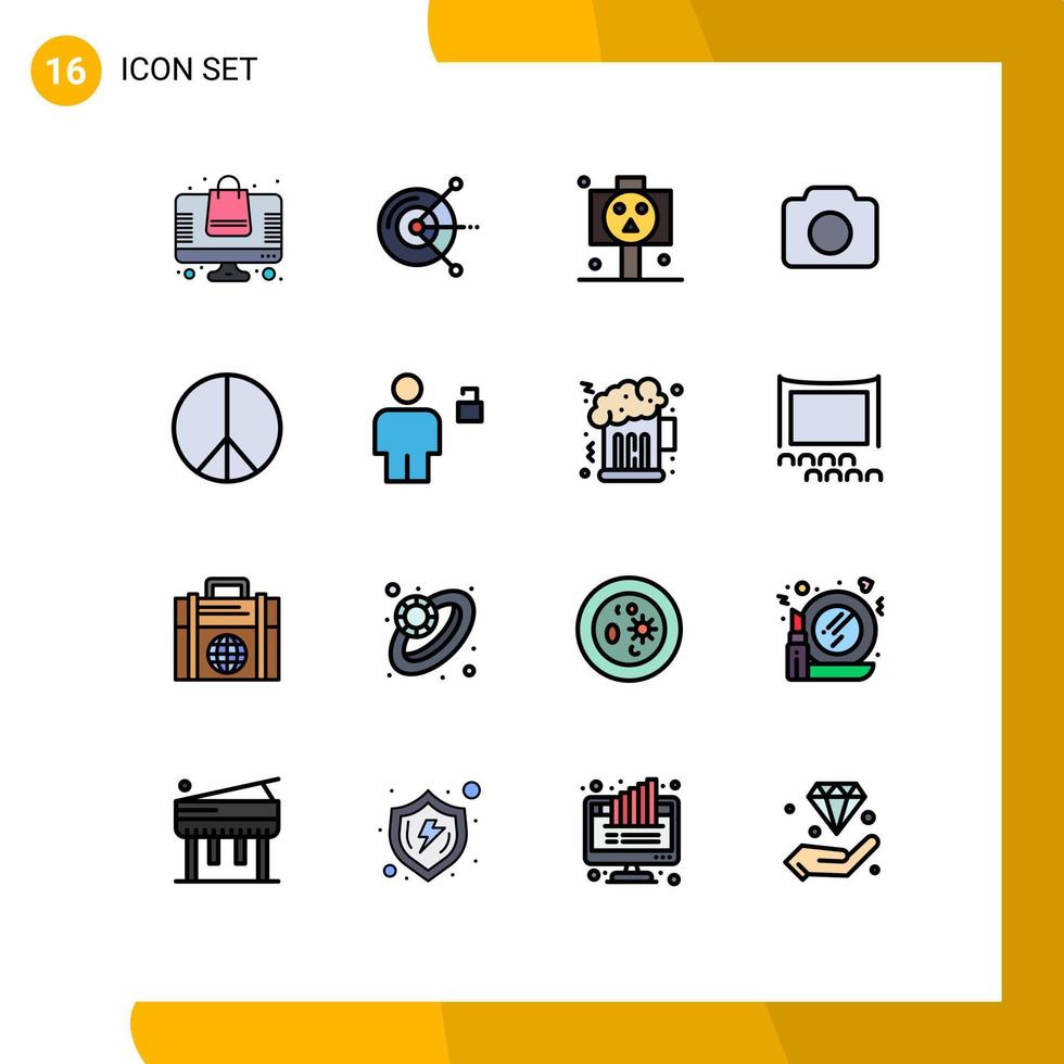 paquete de interfaz de usuario de 16 líneas básicas llenas de colores planos de elementos de diseño de vectores creativos editables de cámara básica de tablero hippie ui