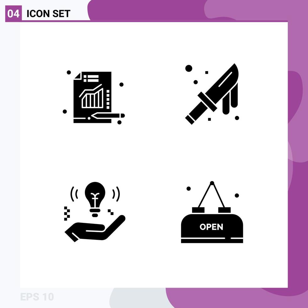 Modern Set of 4 Solid Glyphs Pictograph of analytics idea chart cutlery bulb Editable Vector Design Elements