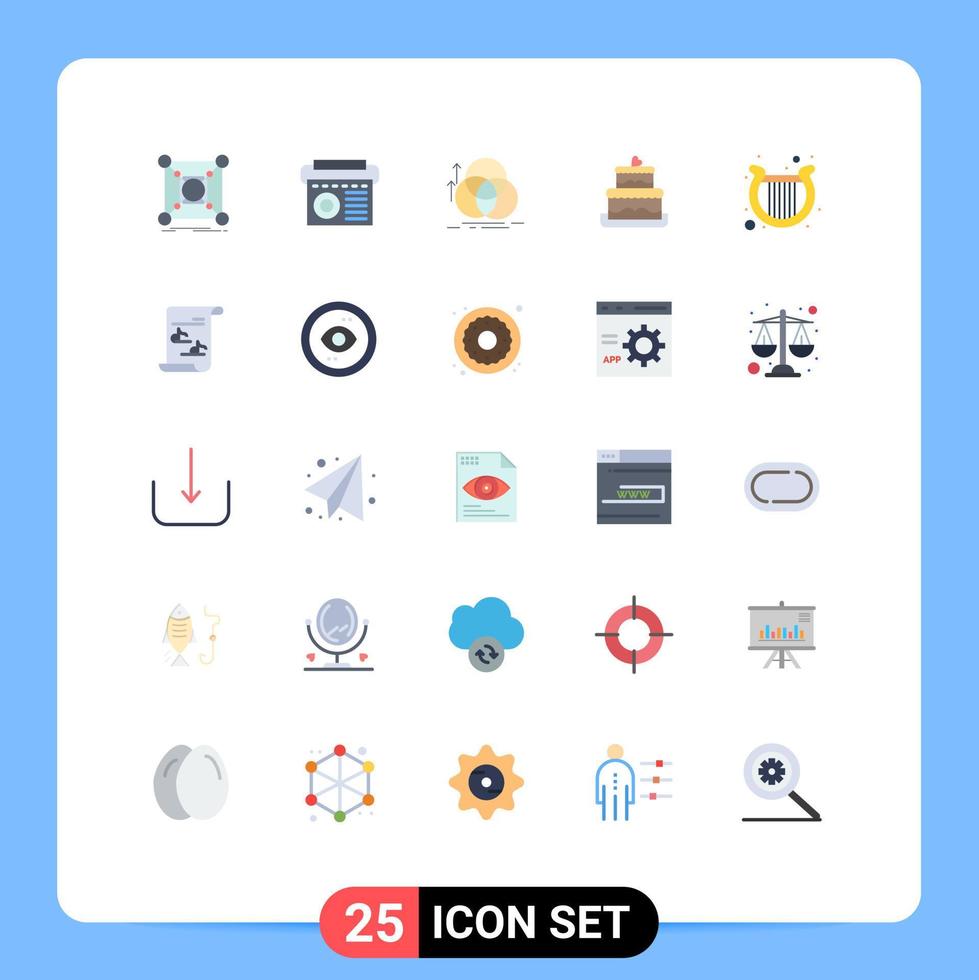 25 User Interface Flat Color Pack of modern Signs and Symbols of harp wedding radio cake measurement Editable Vector Design Elements
