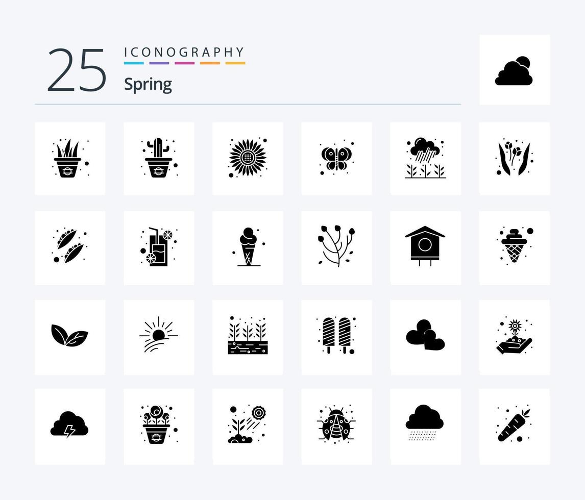 Spring 25 Solid Glyph icon pack including plant. garden. flower. bug. butterfly vector