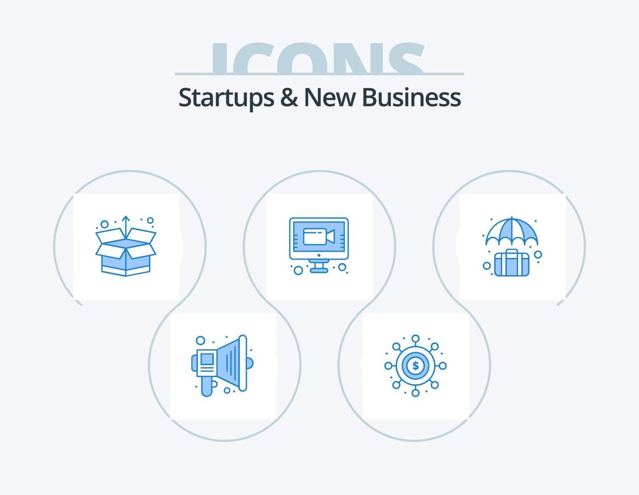 Startups And New Business Blue Icon Pack 5 Icon Design. case. bag. box. online meeting. meeting vector