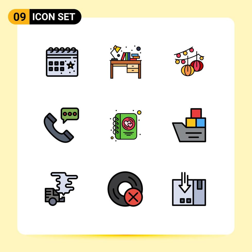 Mobile Interface Filledline Flat Color Set of 9 Pictograms of contact us communication table call hanging Editable Vector Design Elements