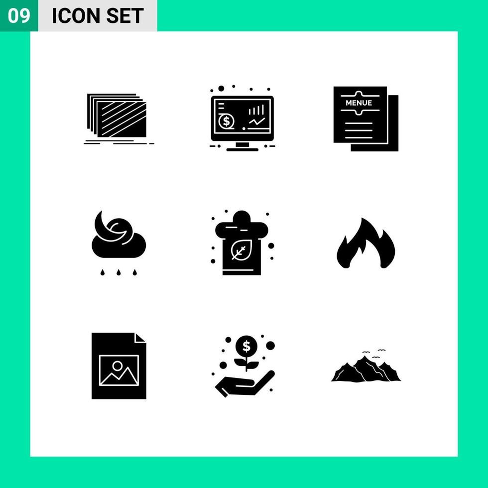 Pack of 9 Modern Solid Glyphs Signs and Symbols for Web Print Media such as weather moon money forecast menu Editable Vector Design Elements