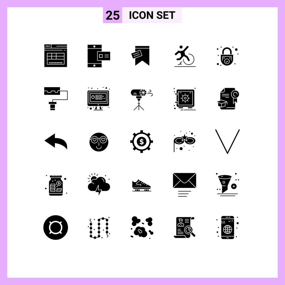Modern Set of 25 Solid Glyphs Pictograph of lock escape mark comfort business Editable Vector Design Elements