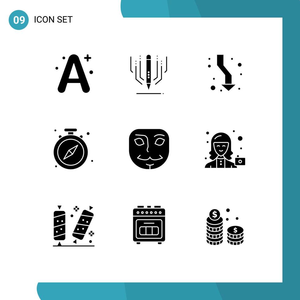 Mobile Interface Solid Glyph Set of 9 Pictograms of anonymous watch arrow stop down Editable Vector Design Elements