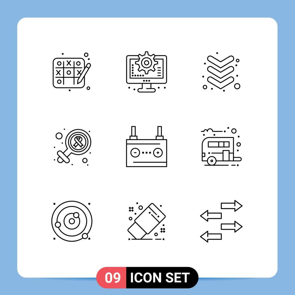 Group of 9 Modern Outlines Set for electricity battery down accumulator sign Editable Vector Design Elements