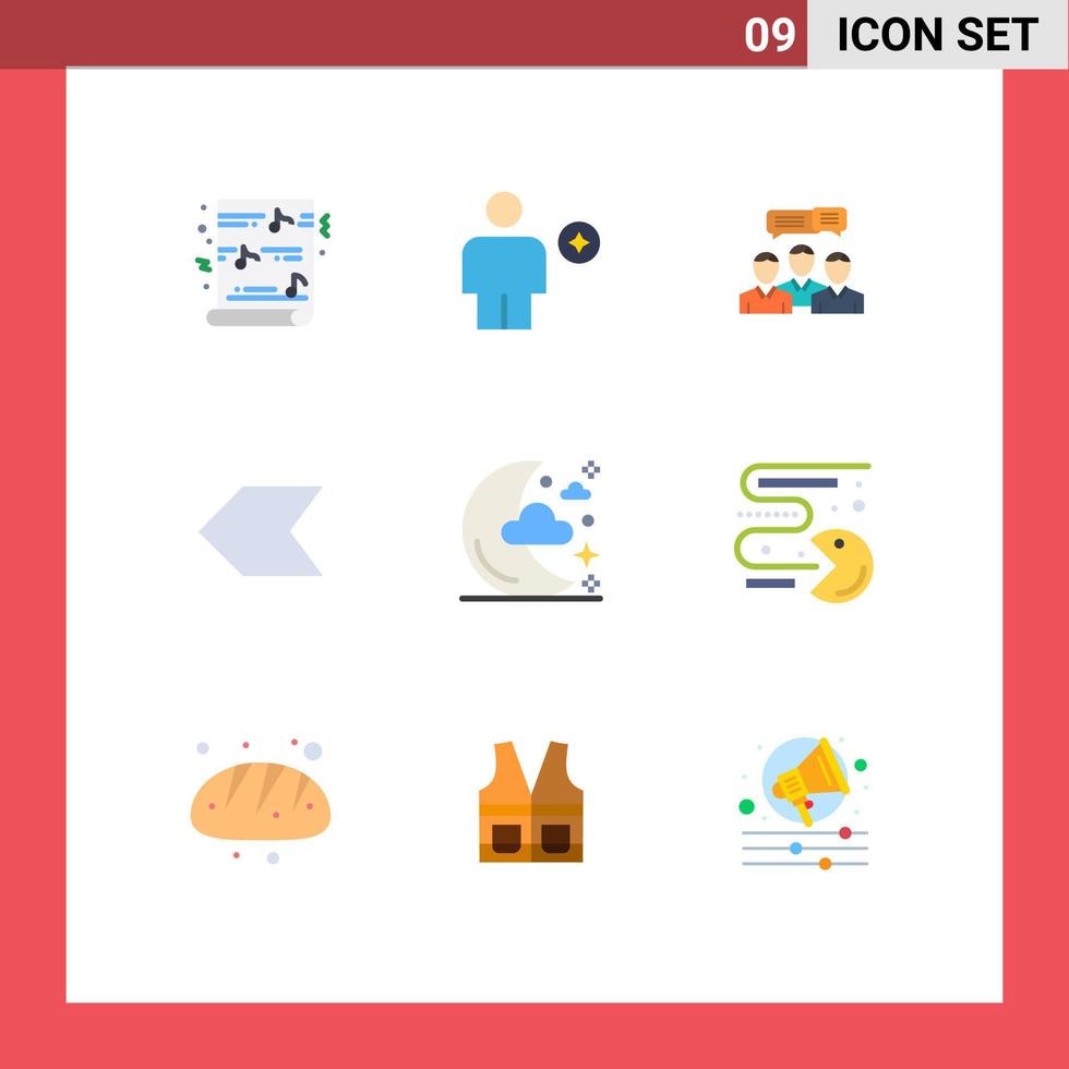 paquete de 9 signos y símbolos de colores planos modernos para medios de impresión web, como elementos de diseño de vectores editables de diálogo en línea humano de flecha izquierda