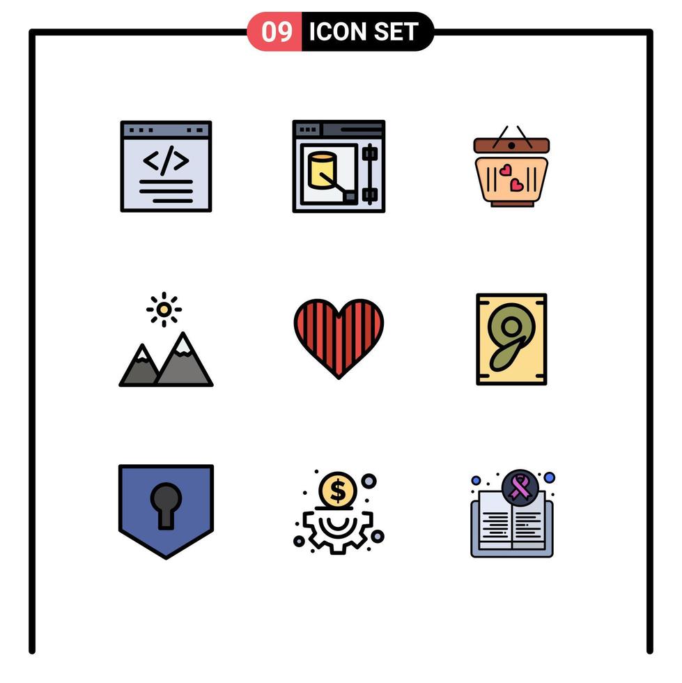 Mobile Interface Filledline Flat Color Set of 9 Pictograms of heart nature web mountain wedding Editable Vector Design Elements