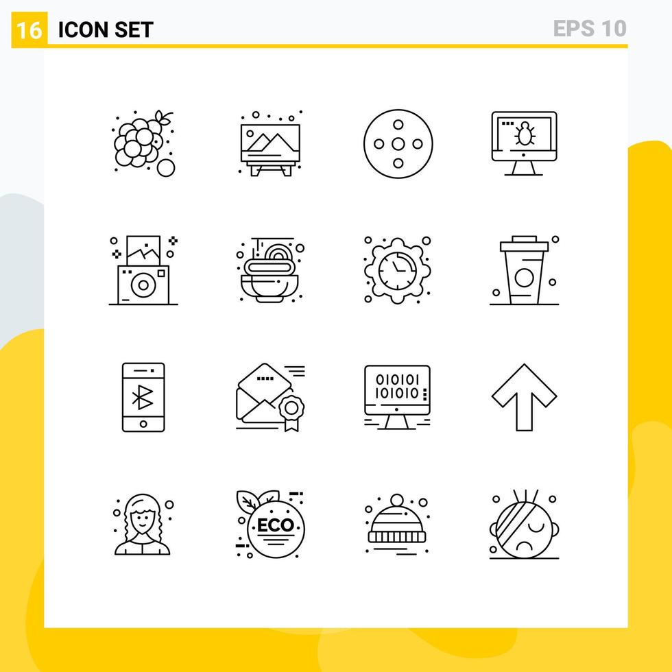 Mobile Interface Outline Set of 16 Pictograms of camera screen school bug storage Editable Vector Design Elements