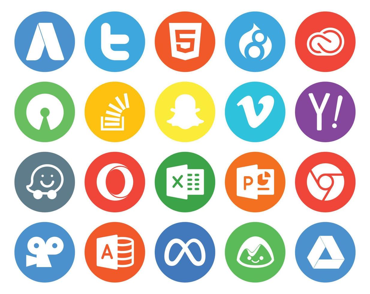 Paquete de 20 íconos de redes sociales que incluye el desbordamiento de vimeo de fuente abierta de video de búsqueda vector