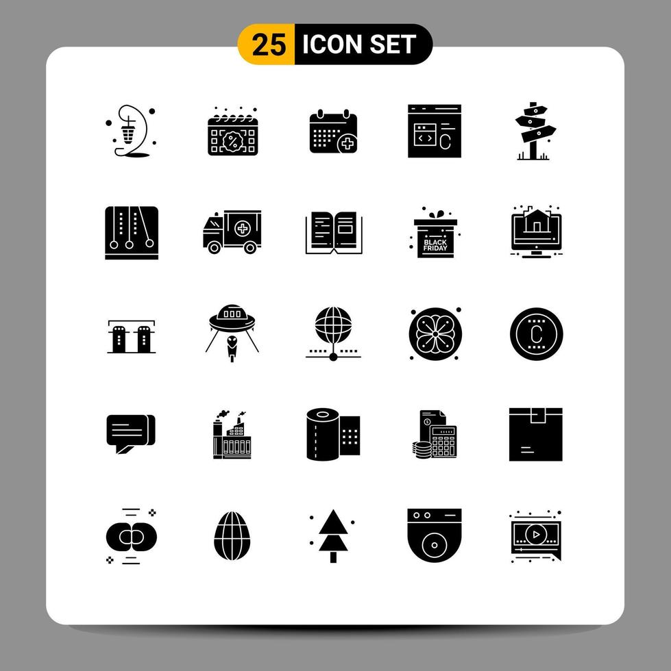 25 User Interface Solid Glyph Pack of modern Signs and Symbols of develop code day c date Editable Vector Design Elements