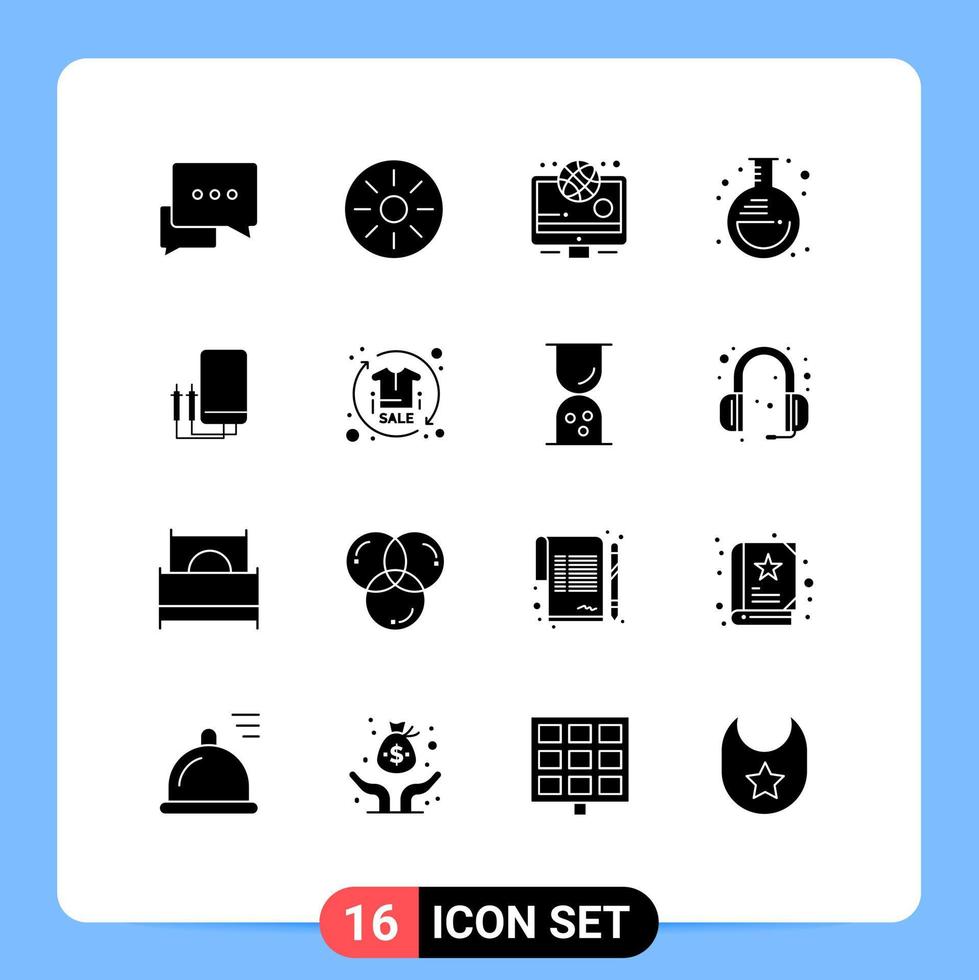 Pictogram Set of 16 Simple Solid Glyphs of watt voltmeter news lab flask Editable Vector Design Elements