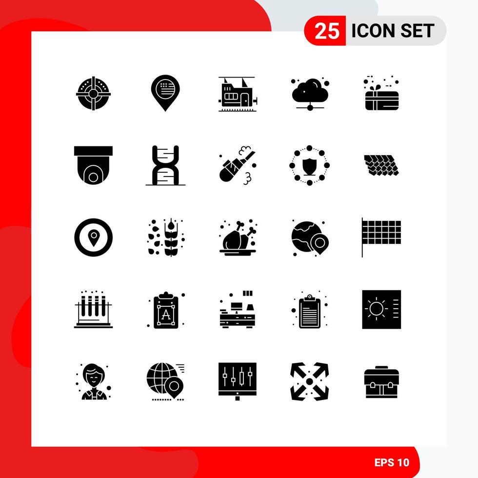 User Interface Pack of 25 Basic Solid Glyphs of present gift bullet online technology Editable Vector Design Elements