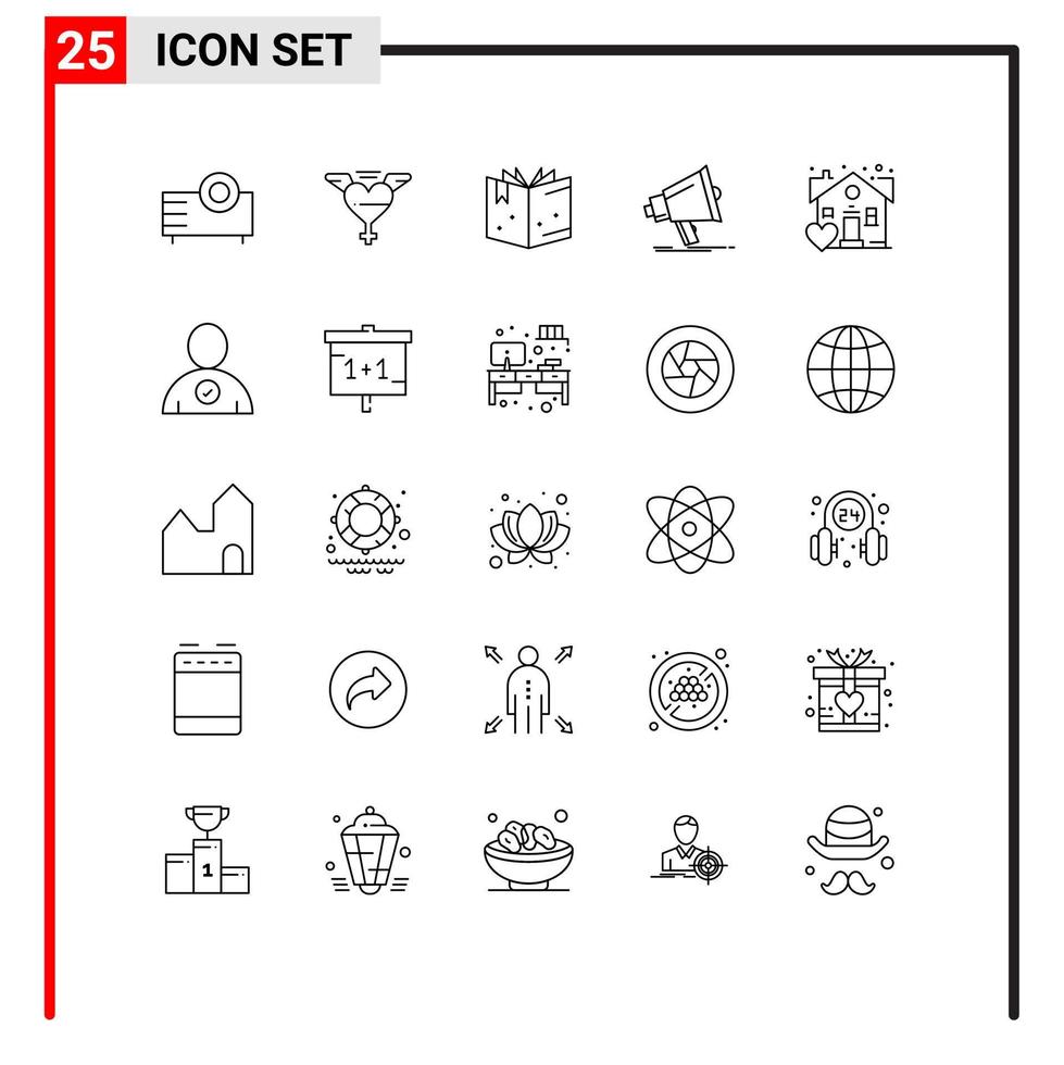 paquete de iconos de vector de stock de 25 signos y símbolos de línea para elementos de diseño de vector editables digitales de medios de libro de megáfono favoritos