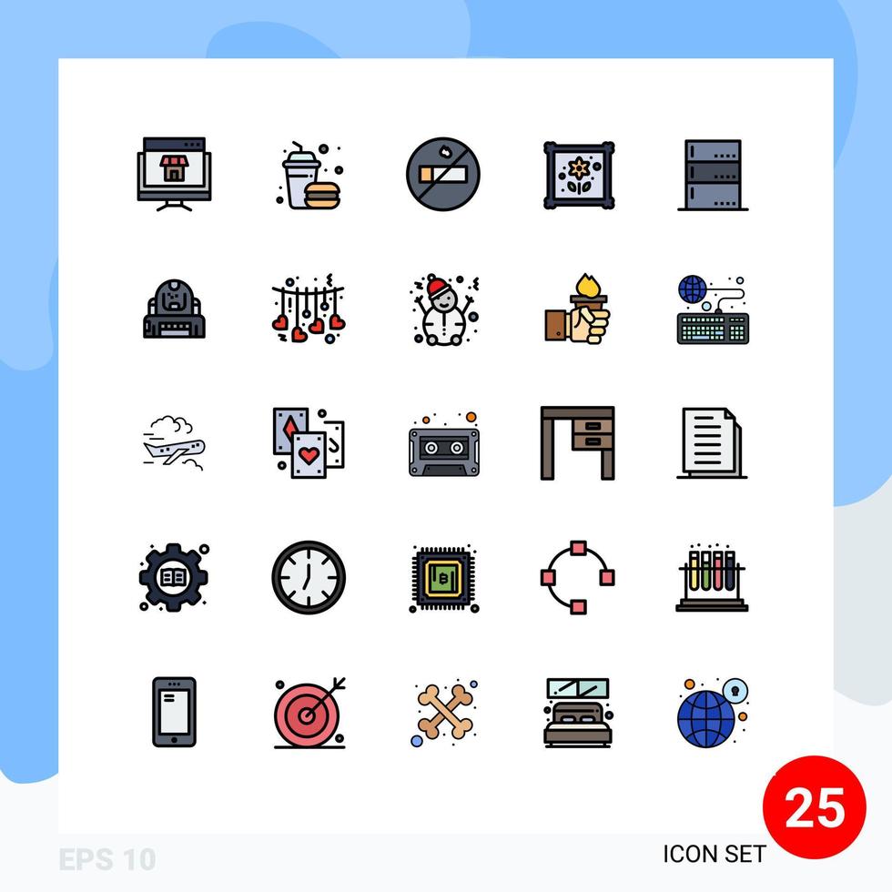25 Universal Filled line Flat Colors Set for Web and Mobile Applications server data food admin hobbies Editable Vector Design Elements