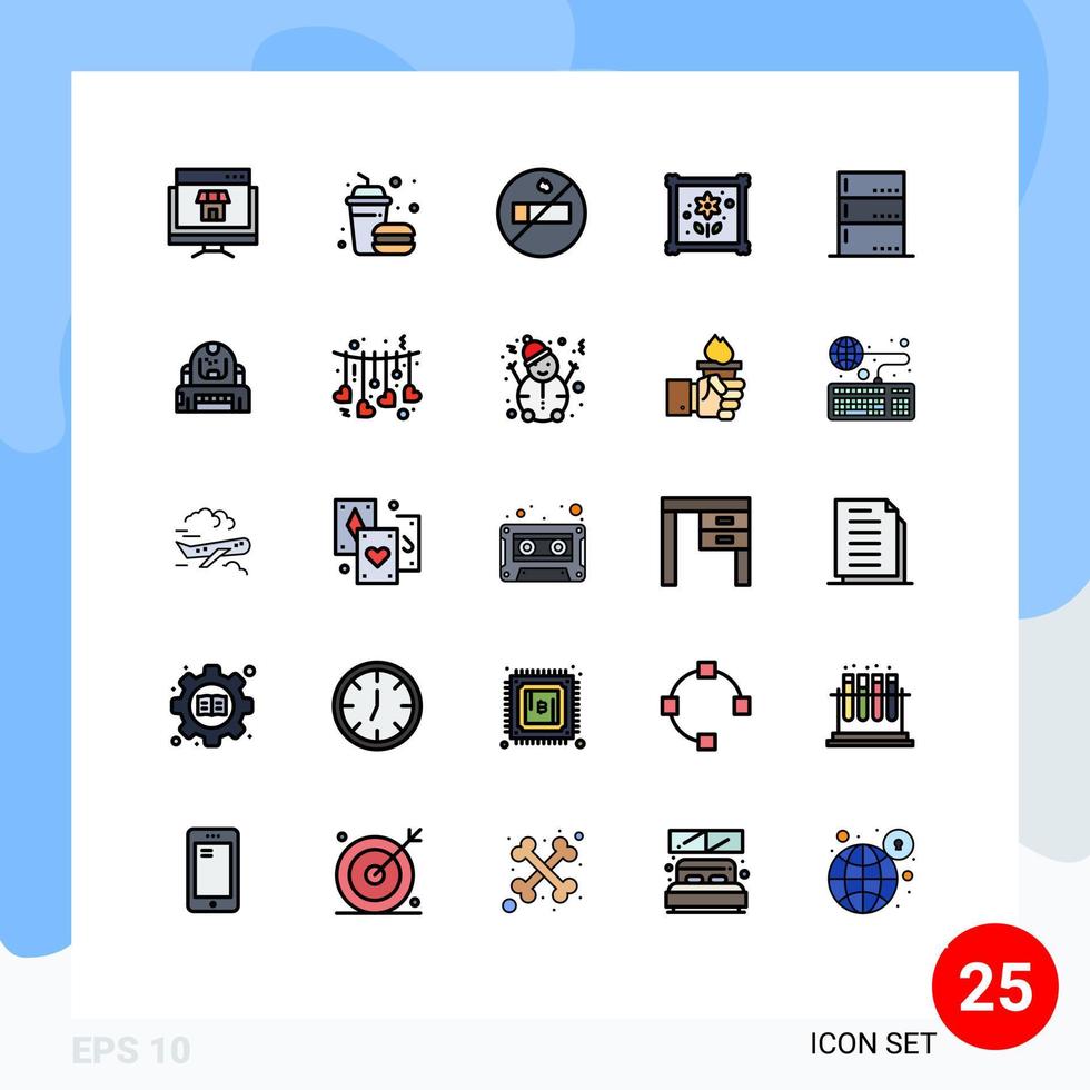 25 colores planos de línea rellena universales establecidos para aplicaciones web y móviles datos del servidor administración de alimentos pasatiempos elementos de diseño de vectores editables
