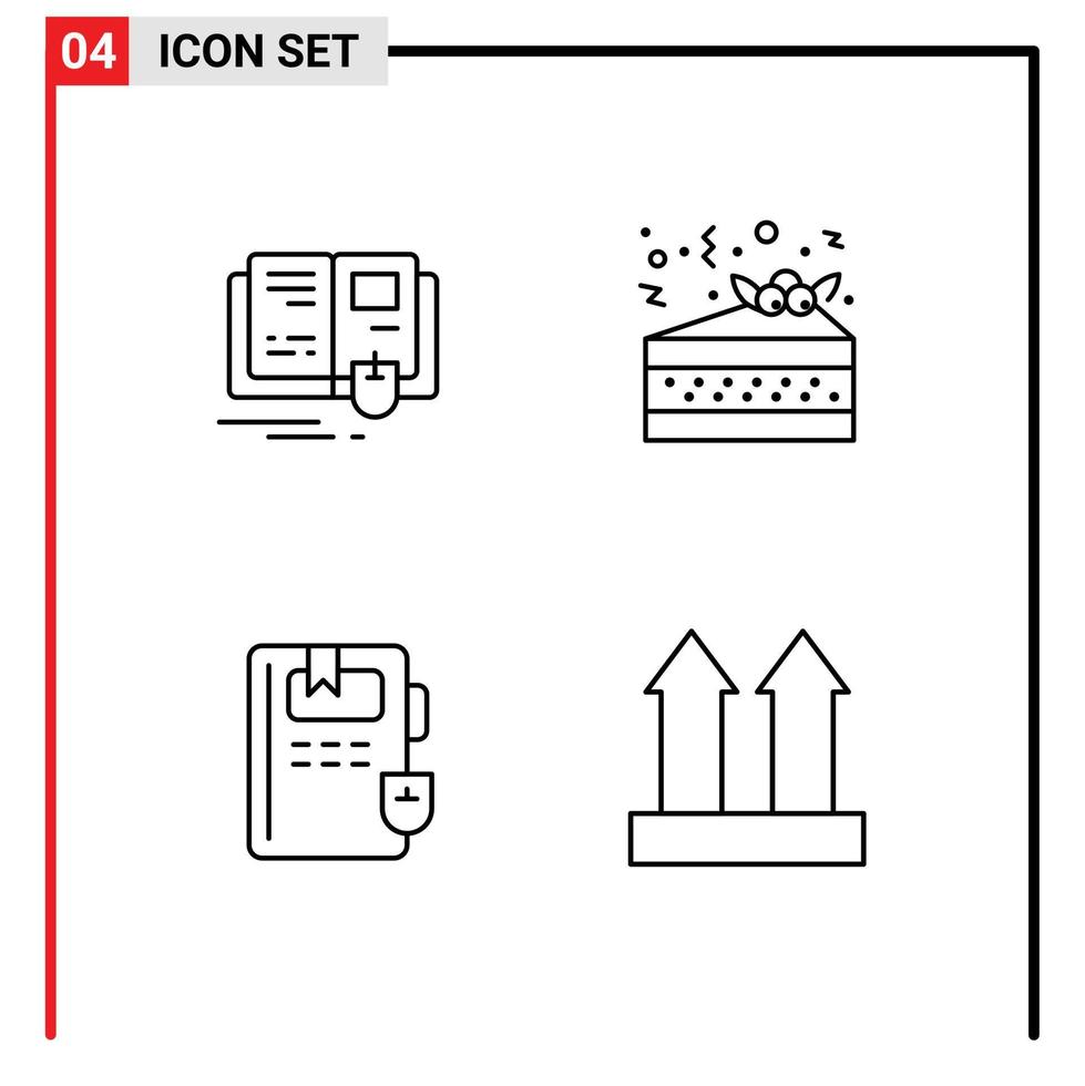 línea de interfaz móvil conjunto de 4 pictogramas de conocimiento del libro mouse pizza envío elementos de diseño vectorial editables vector