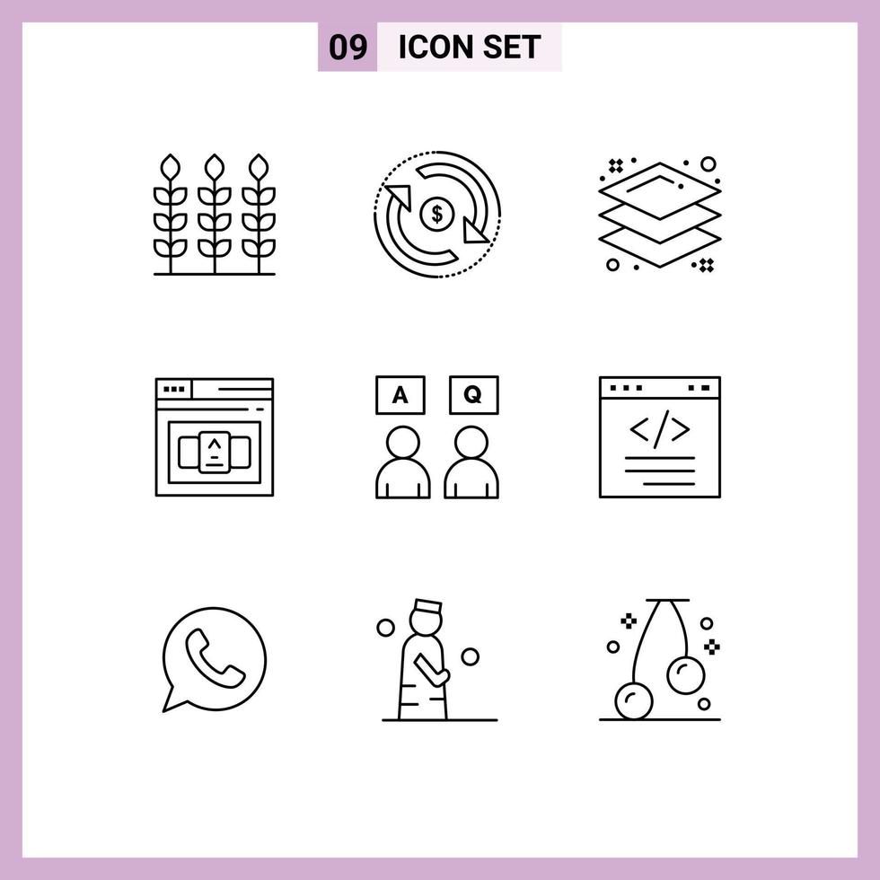 Pack of 9 Modern Outlines Signs and Symbols for Web Print Media such as online answers design html code Editable Vector Design Elements