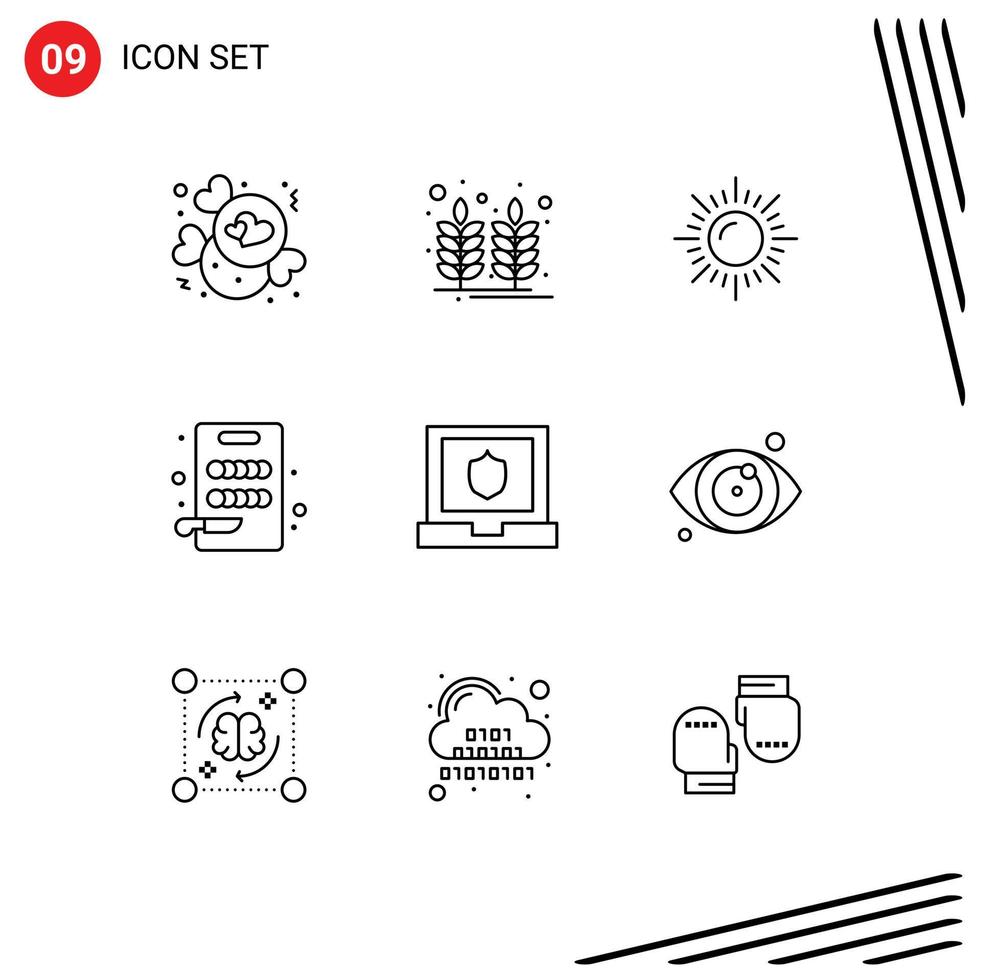 Universal Icon Symbols Group of 9 Modern Outlines of medical security landscape laptop cutting Editable Vector Design Elements