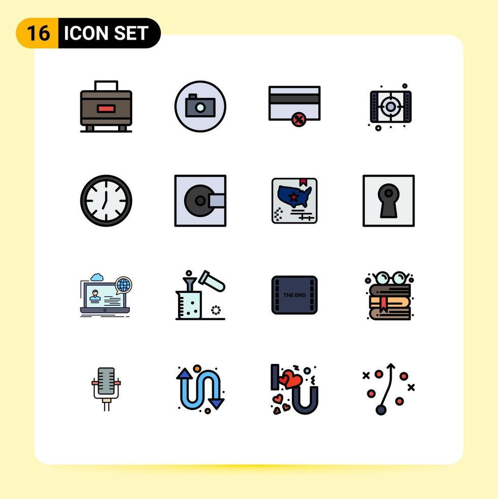 Modern Set of 16 Flat Color Filled Lines Pictograph of wall clock money paint art Editable Creative Vector Design Elements