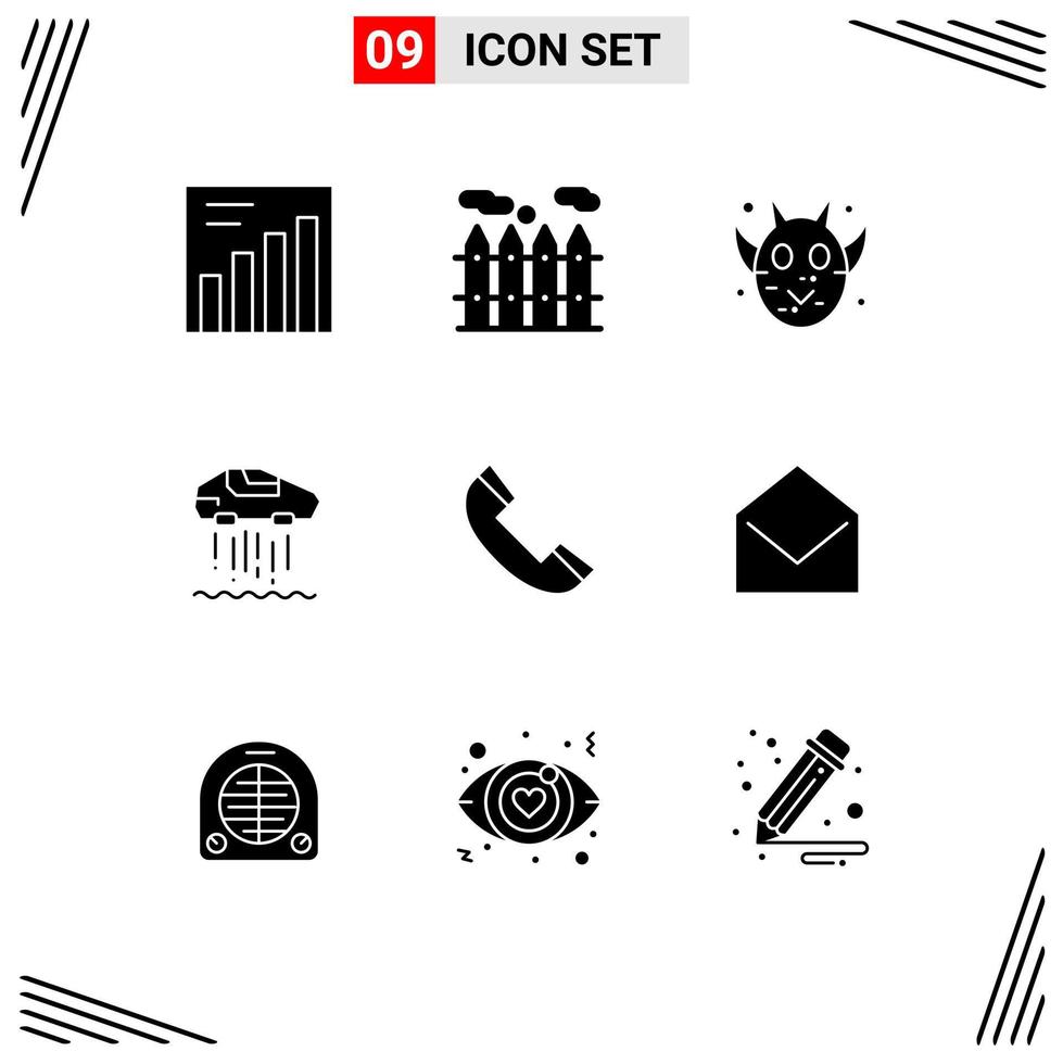 9 User Interface Solid Glyph Pack of modern Signs and Symbols of mail telephone hovercar phone call Editable Vector Design Elements