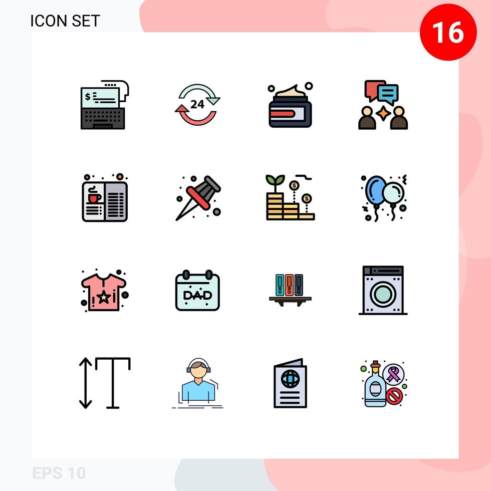 Group of 16 Modern Flat Color Filled Lines Set for chatting man round the clock medicine cream Editable Creative Vector Design Elements