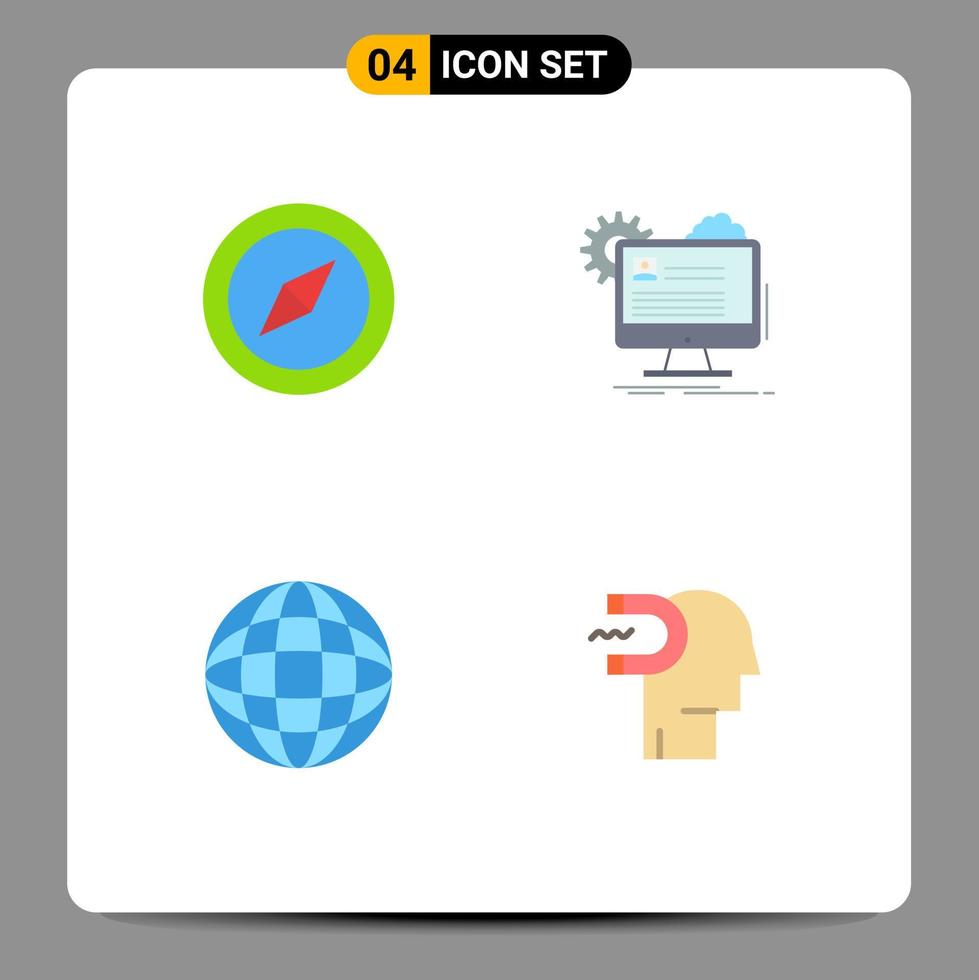 conjunto moderno de 4 iconos planos pictograma de brújula cuenta de internet editar poder de influencia elementos de diseño vectorial editables vector