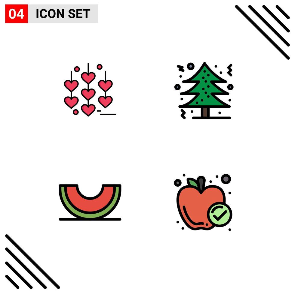 4 colores planos universales de línea de relleno establecidos para aplicaciones web y móviles corazón fruta árbol de navidad rebanada elementos de diseño vectorial editables vector