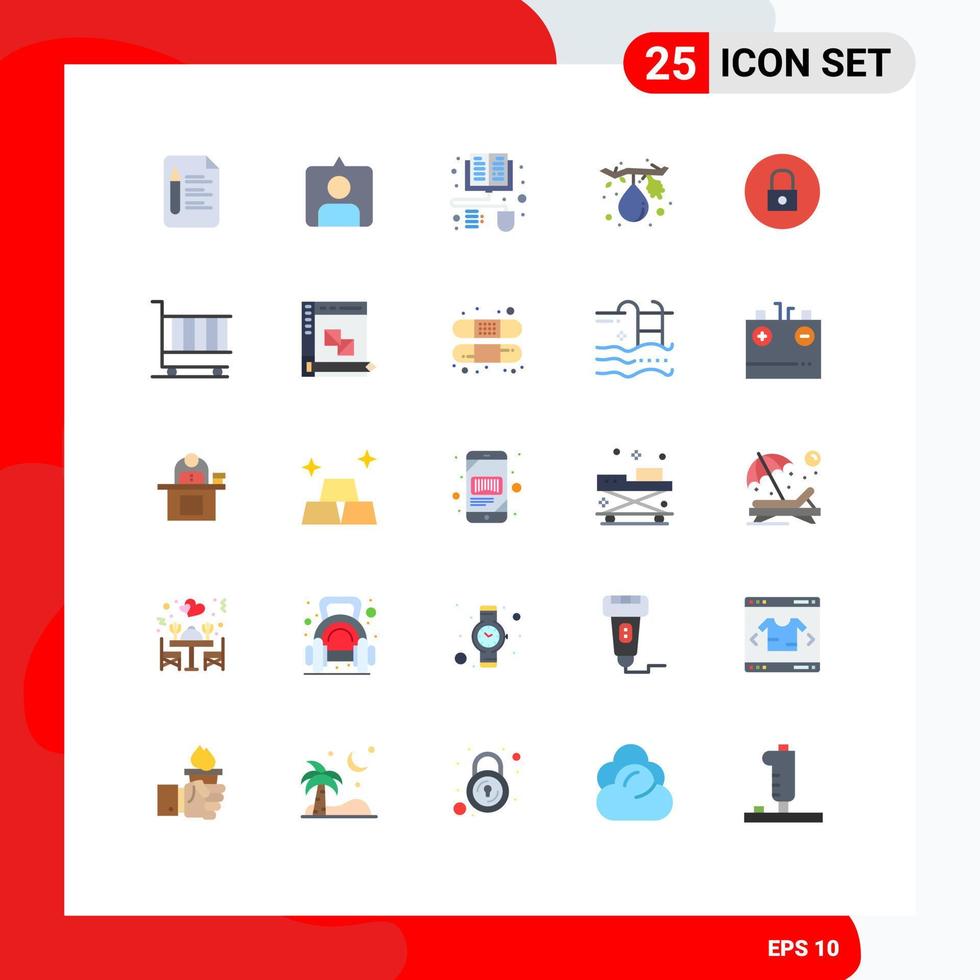 Mobile Interface Flat Color Set of 25 Pictograms of multimedia media distance learning lock fruit Editable Vector Design Elements