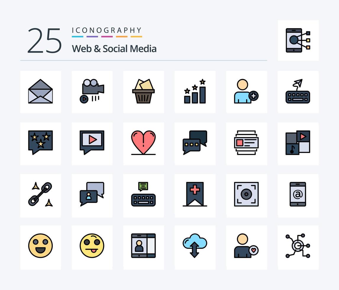 Web And Social Media 25 Line Filled icon pack including type. attach. box. man. add on vector